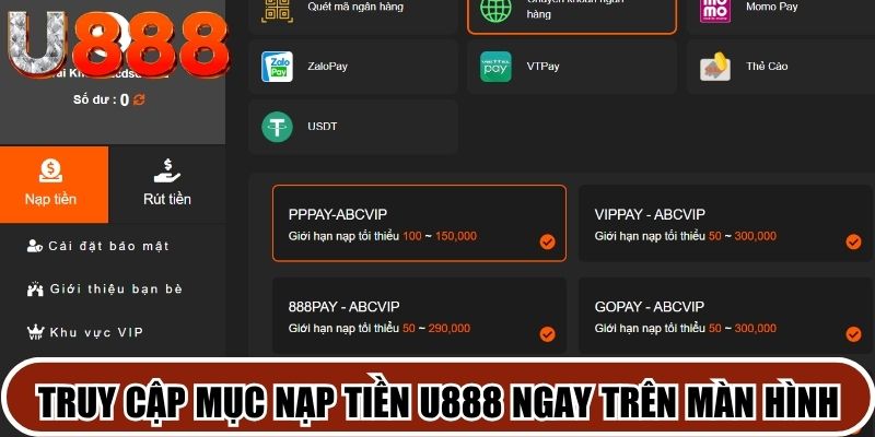 Truy cập mục nạp tiền U888 ngay trên màn hình